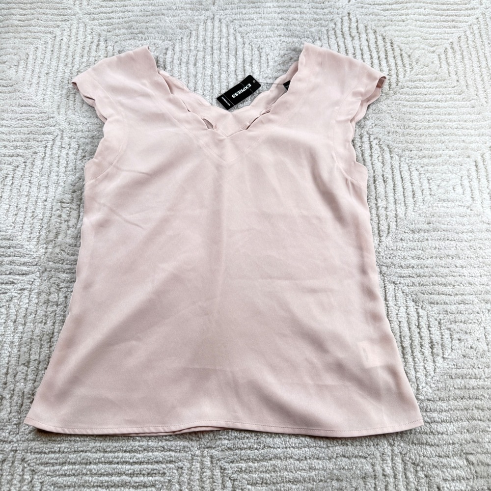 Express Scalloped V Neck Blouse Womens XXS Pink Cap Sleeve Romantic Balletcore